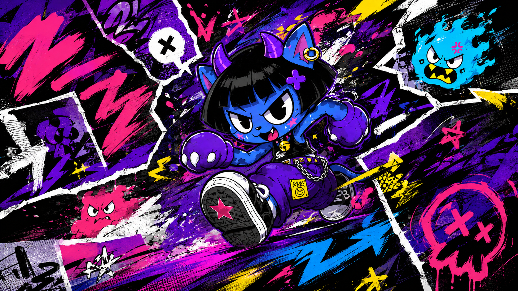 ENTP-inspired blue cat character with short black bob hair