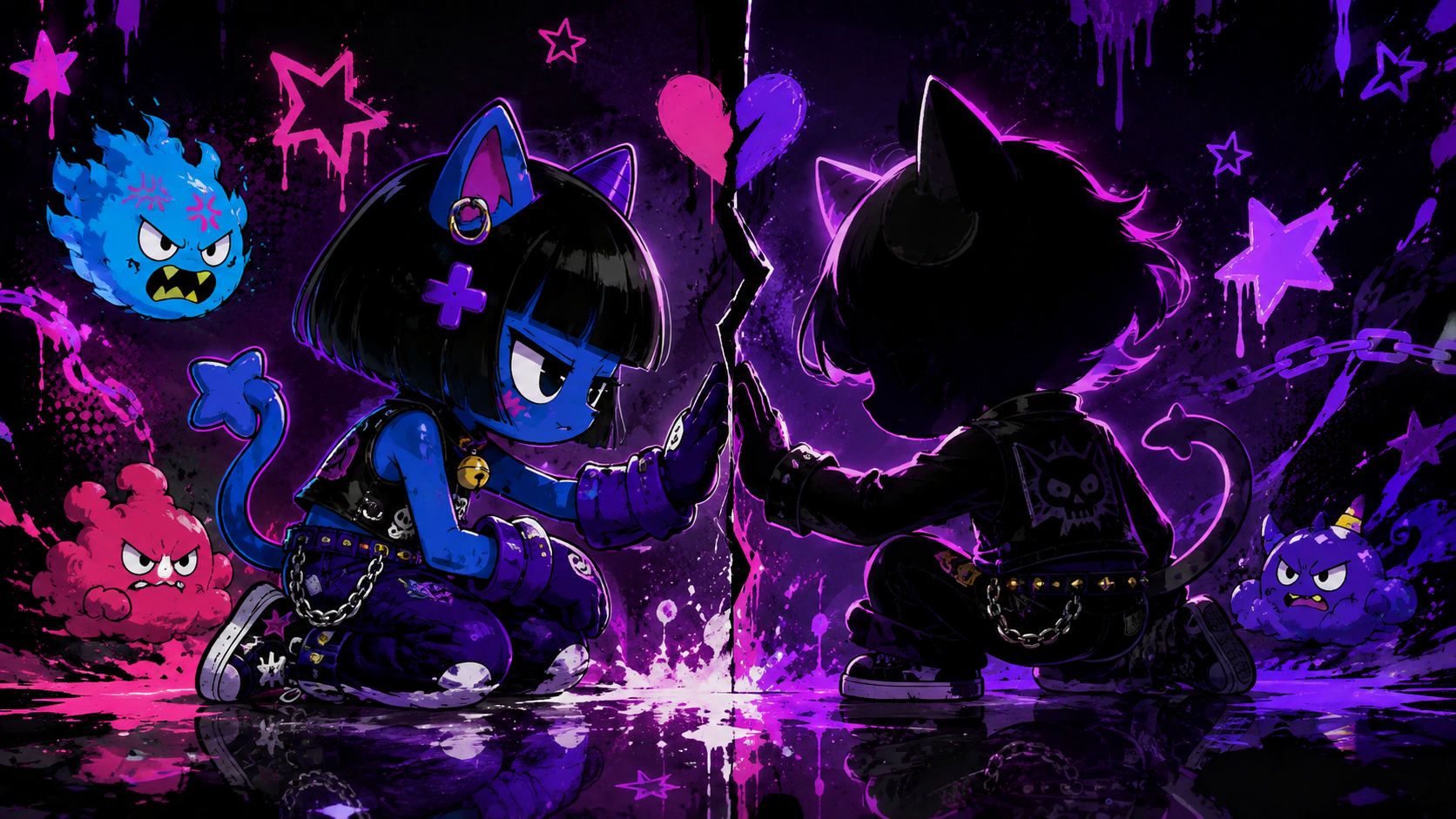 Two stylized cat characters meeting through a cracked neon mirror