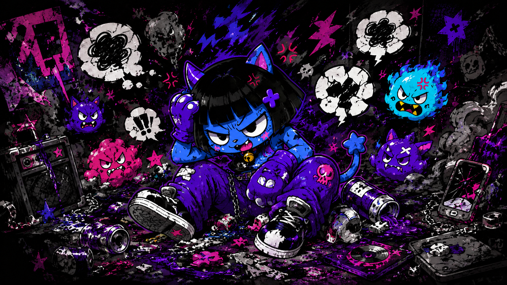 Blue bob-haired cat character exhausted in a chaotic messy room